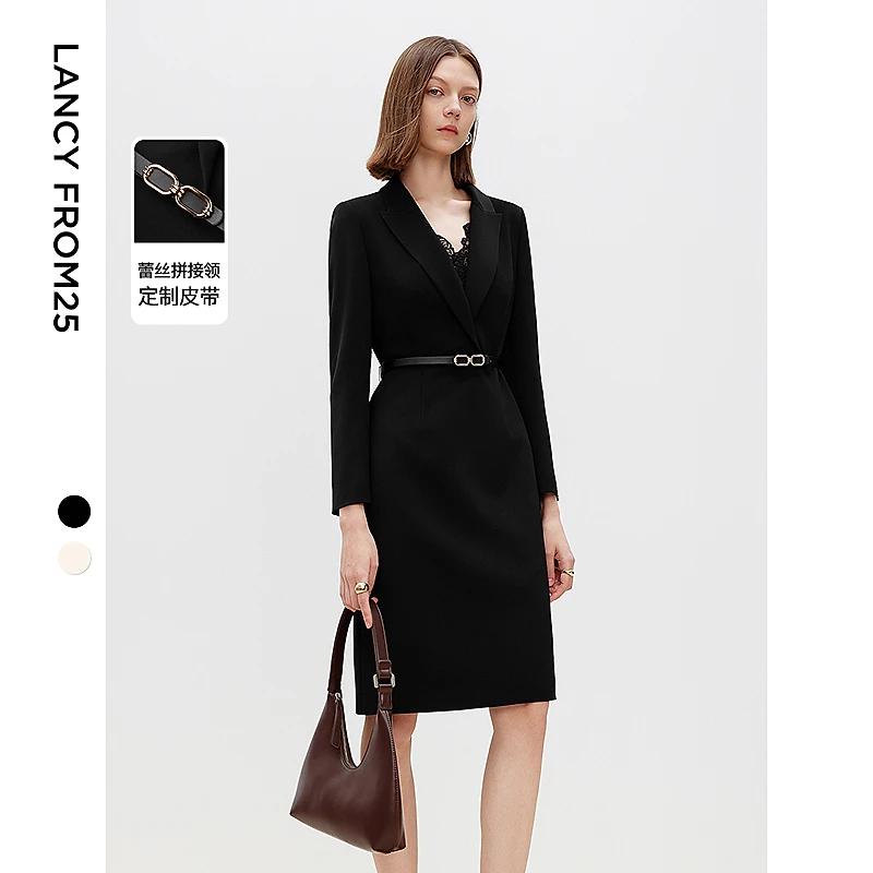 朗姿2025年春季新款蕾丝设计感黑色显瘦气质收腰高级感法式连衣裙