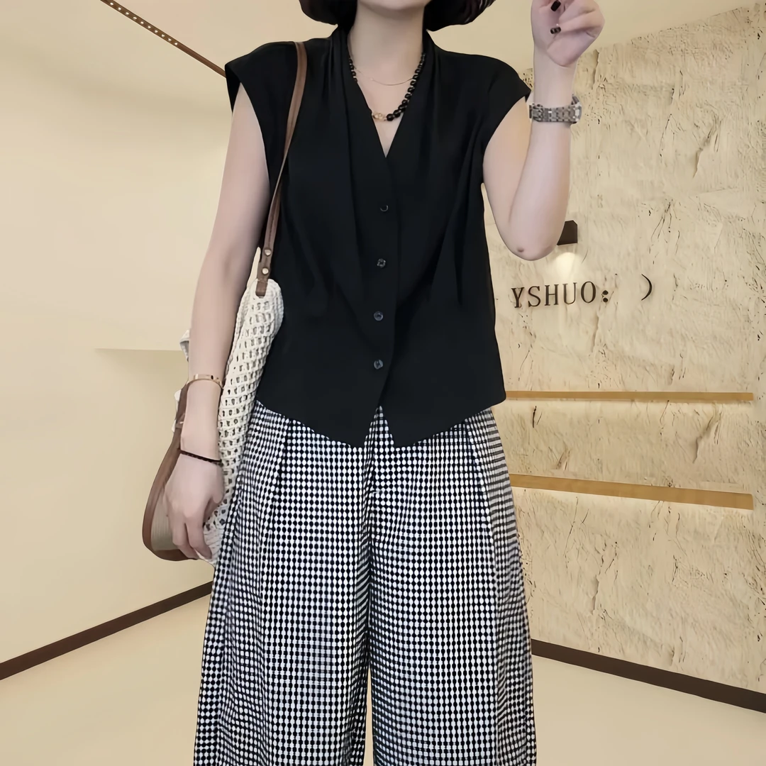 简约纯色无袖V领衬衫女宽松显瘦设计感小众时尚气质休闲百搭上衣