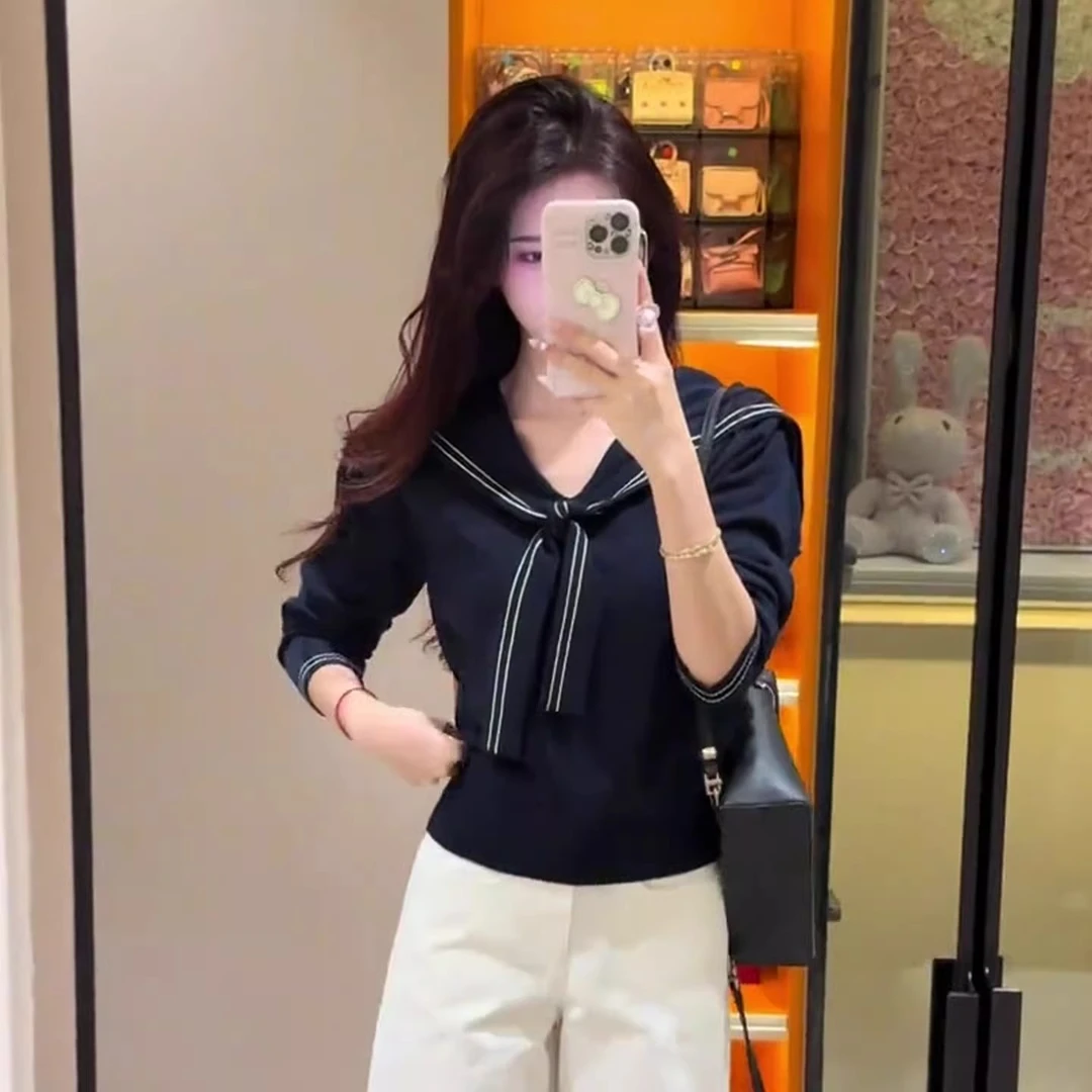 韩系海军领披肩长袖针织衫女2025秋冬新款高级感内搭显瘦百搭上衣