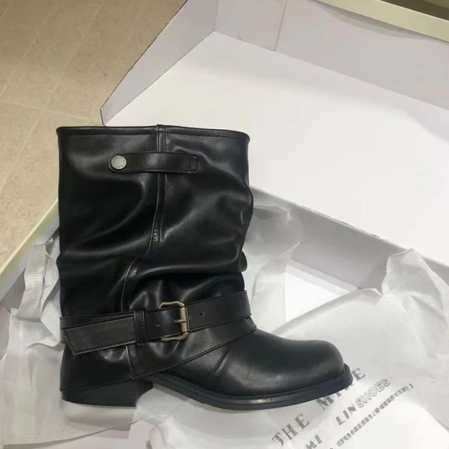 短筒西部牛仔靴女2025秋季新款褶皱堆堆黑色圆头覆古粗跟骑士靴女