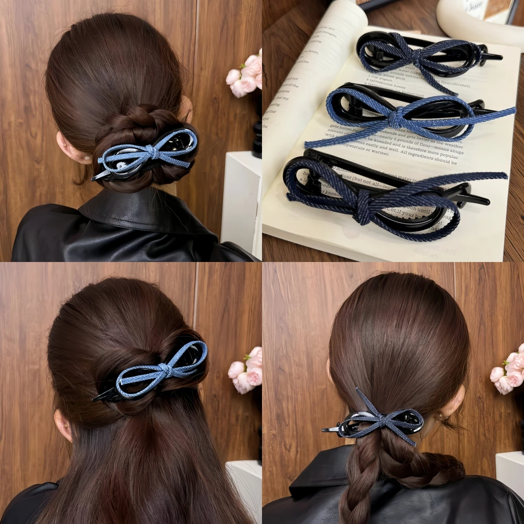 复古牛仔蝴蝶结扭扭夹网红头饰女简约优雅一字后脑勺盘发夹发饰