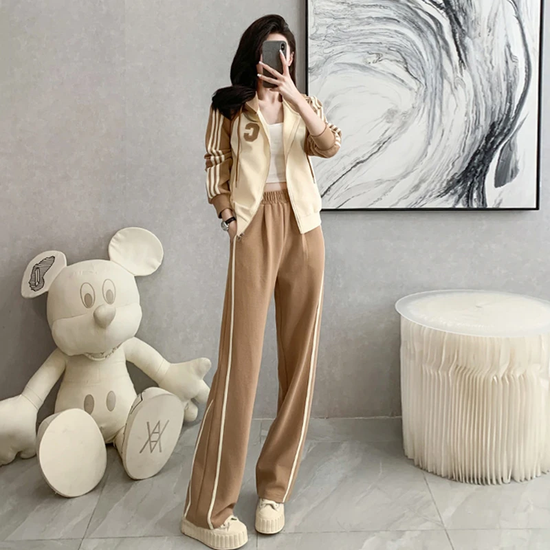 港风时尚休闲小个子潮流套装秋季新款连帽拉链开衫阔腿长裤两件套