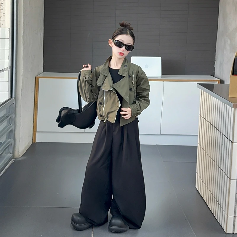 女童秋装套装2026新款洋气中大童韩系潮酷工装外套休闲阔腿裤春秋