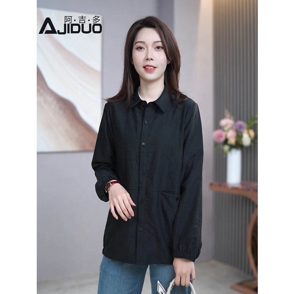 早春新款黑色提花衬衫女时尚大码宽松显瘦长袖衬衣休闲百搭上衣