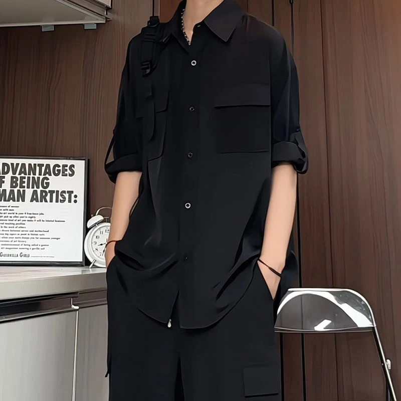 可调节的工装短袖衬衫男夏季设计感小众衬衣宽松大码凉感七分寸衫