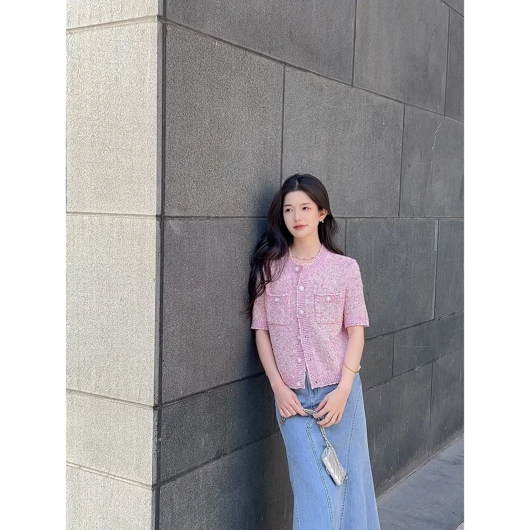 GIRDEAR/哥弟「海棠春醉」气质简约短袖小香风针织衫148022