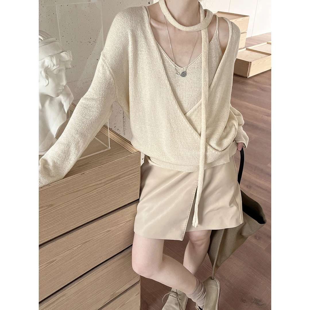 秋季慵懒简约设计感背心飘带针织衫三件套套装女上衣早秋长袖外搭
