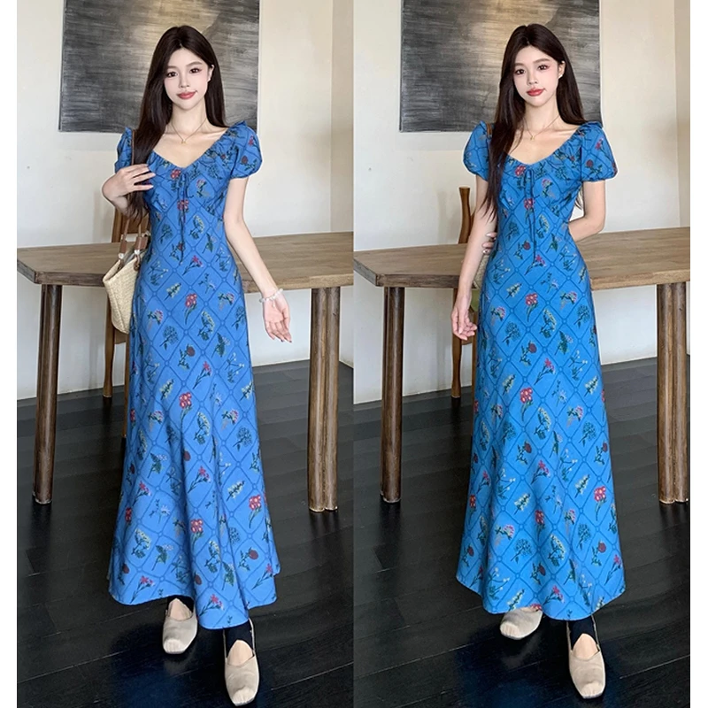 大码胖mm法式蓝色斜裁显瘦荷叶边领收腰短袖气质连衣裙女