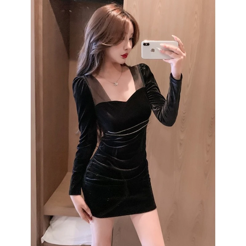 夜总会性感金丝绒连衣裙女士修身盖腹臀裙西式女子夜总会工作服