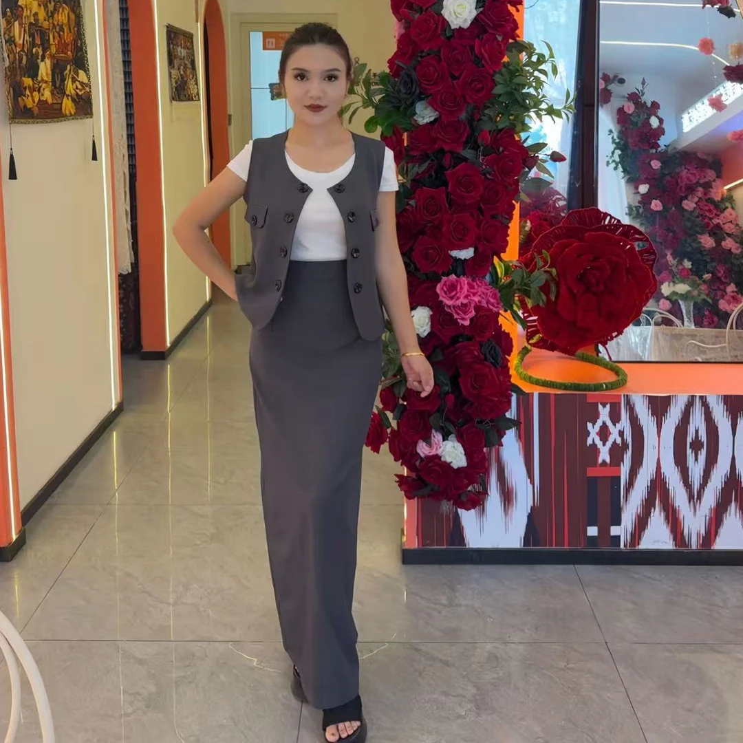 麻感假两件马甲半裙墨尔本风格套装