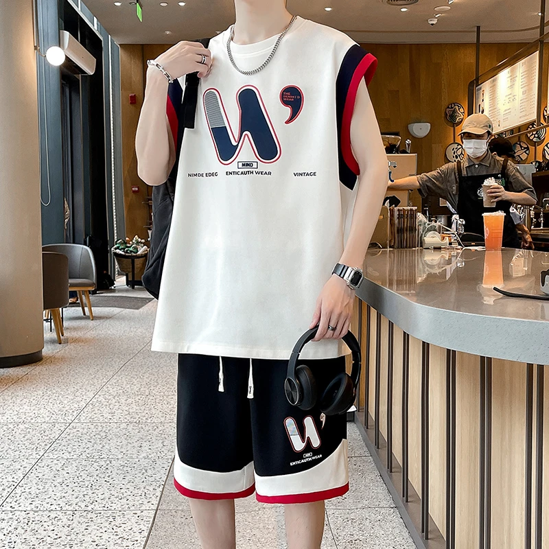 夏季潮流无袖套装男休闲加肥加大码宽松百搭背心坎肩短裤一套搭配
