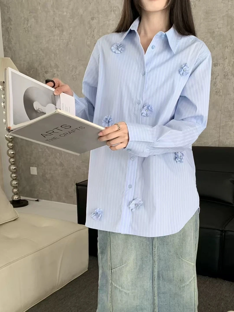 潮流时尚个性港风设计感休闲条纹简约百搭宽松长袖衬衫女