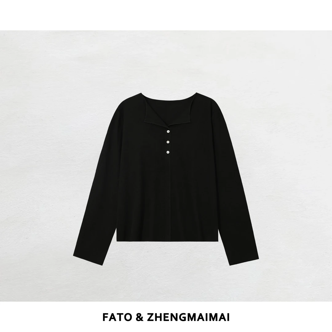 郑买买 松弛T 秋冬新款休闲显瘦百搭纽扣纯色V领T恤 XM51112T1