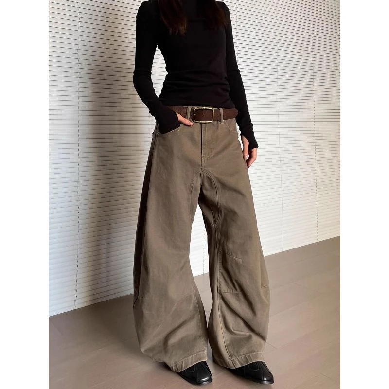 思典范美式复古咖色廓形弯刀牛仔裤水洗百搭工装裤个性香蕉裤子潮