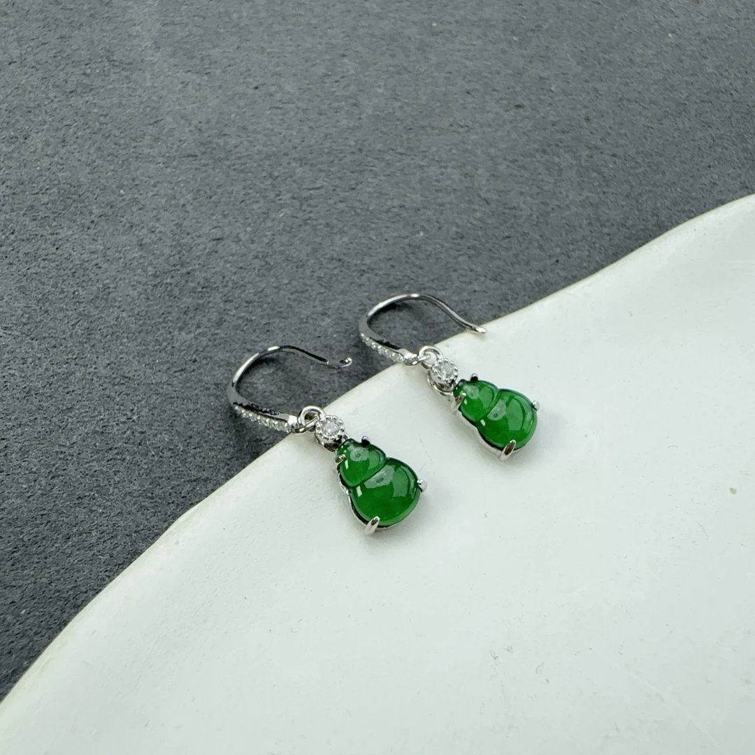满绿翡翠葫芦耳钩S925银