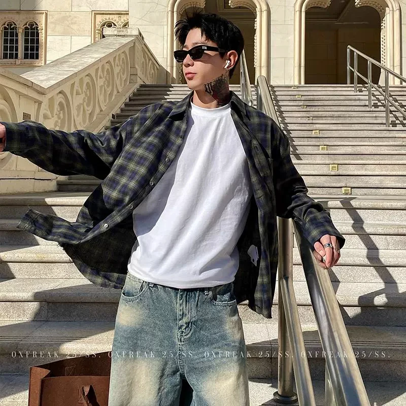 OXFREAK 「定染蓝绿格纹」vintage格子长袖衬衫男高级感宽松衬衣
