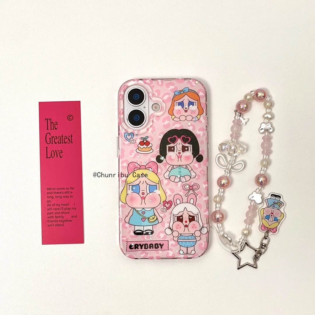 可爱卡通粉豹纹樱桃蛋糕哭娃适用苹果16promax手机壳15/14/13超火