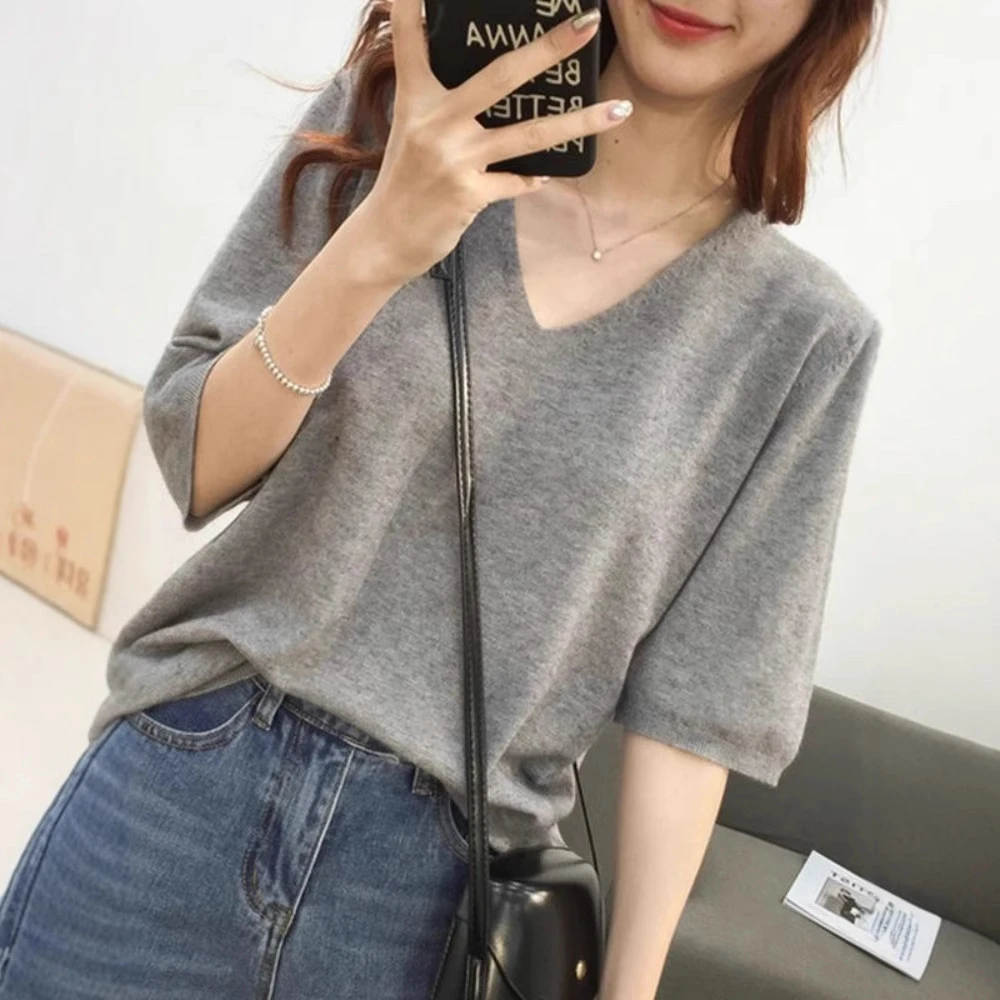 春秋冬季新款针织衫毛衣女薄款=v领外穿宽松打底半袖五分袖上衣