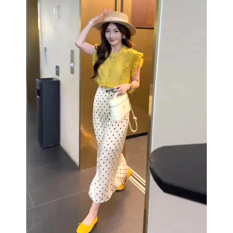 法式甜美小香风套装2025超火夏装一整套木耳边小飞袖衬衫波点长裙
