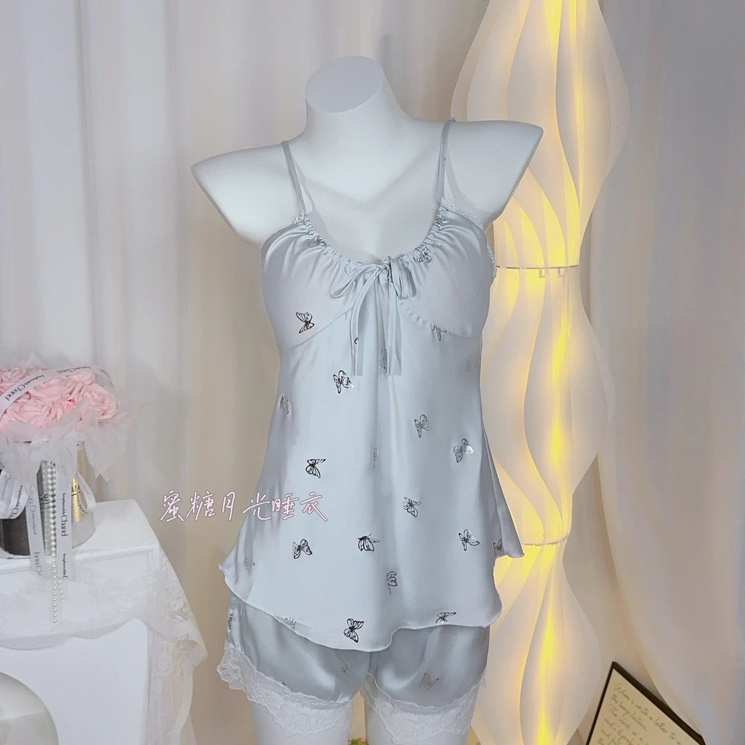 【蝴蝶仙子】夏季套装睡衣女性吊带短裤带胸垫可外穿轻奢感少女纯欲