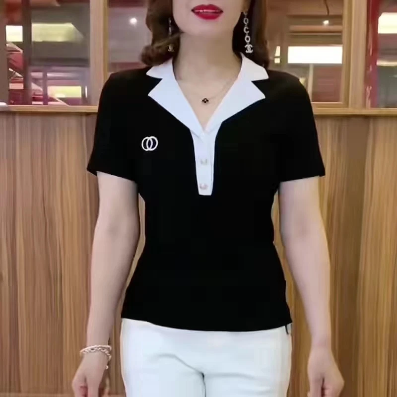 A20黑色西装领子上衣女夏季韩版短袖T恤女修身翻领polo衫女上衣