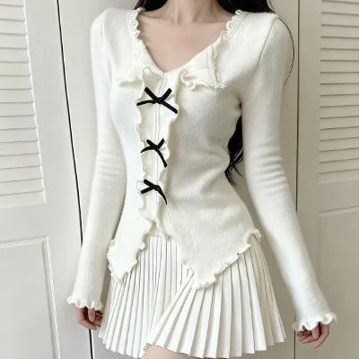 木耳边蝴蝶结v领针织衫女春秋冬2025小众收腰开叉内搭打底衫上衣