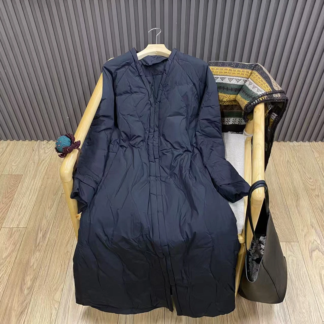 冬季复古V领中长款90白鸭绒羽绒服宽松纯色保暖极简外套女W5162