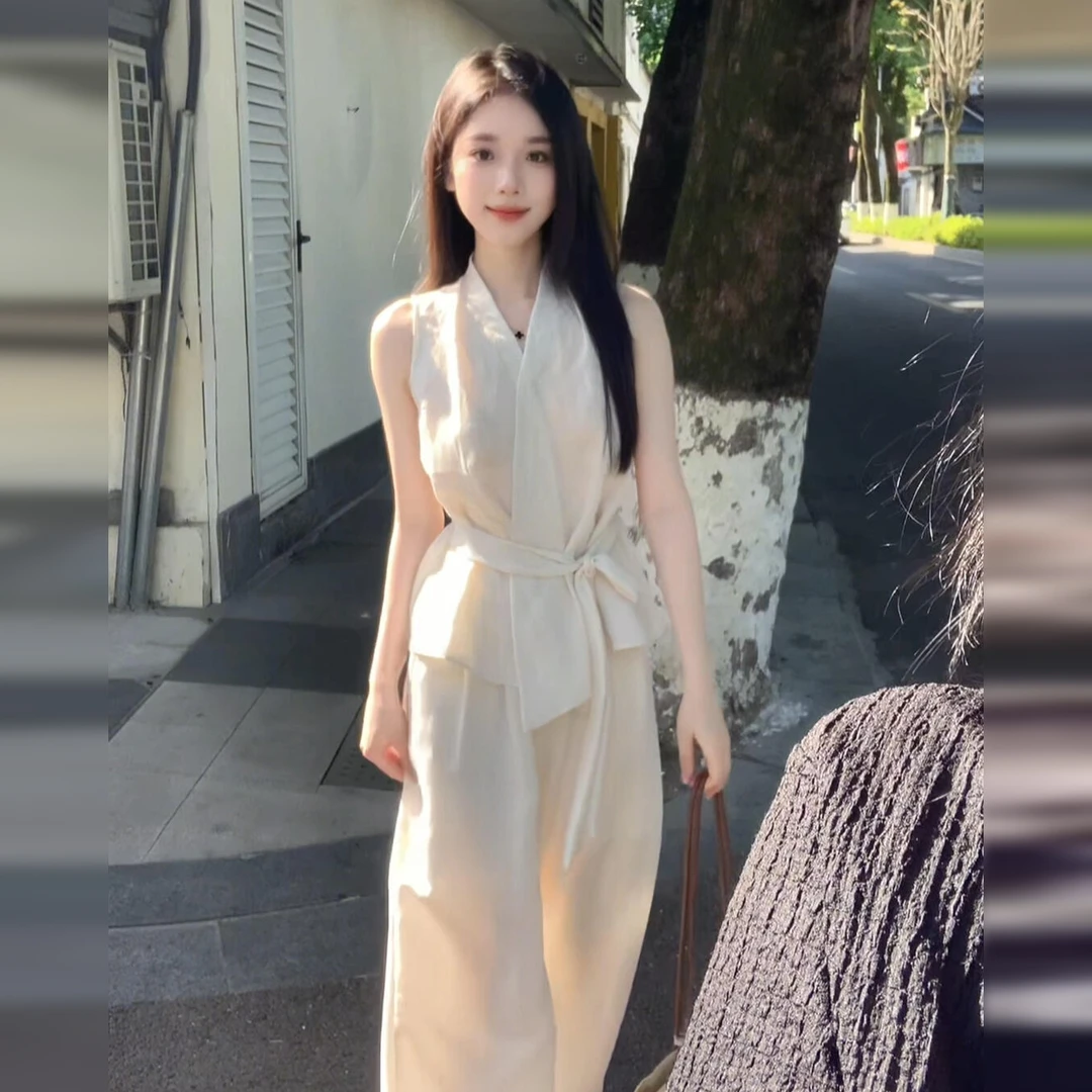老钱风无袖上衣阔腿裤两件套装清冷感2025新款夏季轻熟小众不撞款