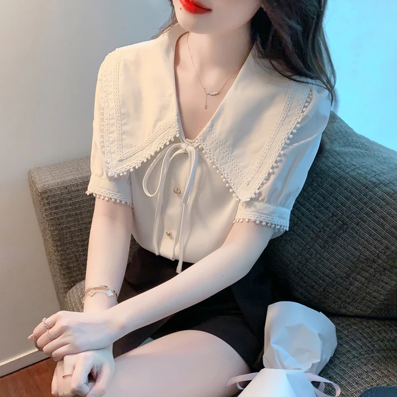 女装2025夏季新款大翻领蝴蝶结气质雪纺衬衫女士洋气正肩短袖上衣