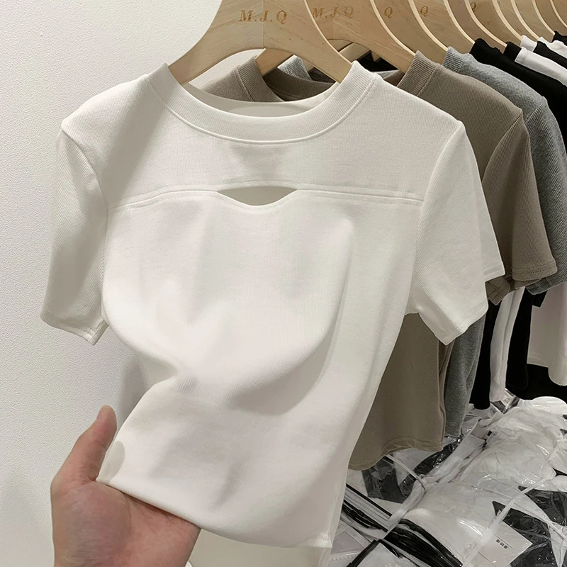 镂空正肩t恤女短袖2025夏季新款设计感小众修身显瘦螺纹短款上衣