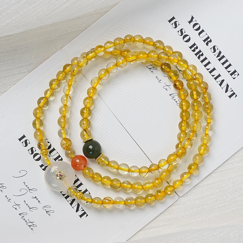 天然多圈三圈黄发晶黄发晶南红玛瑙玉髓多圈手串手链-9314