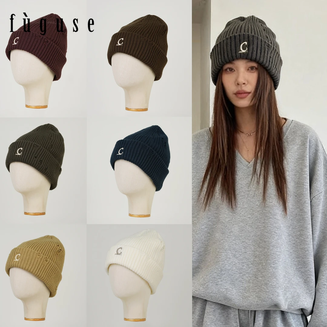 日系做旧针织帽子男女秋冬街头保暖毛线帽百搭C字母套头帽潮冷帽