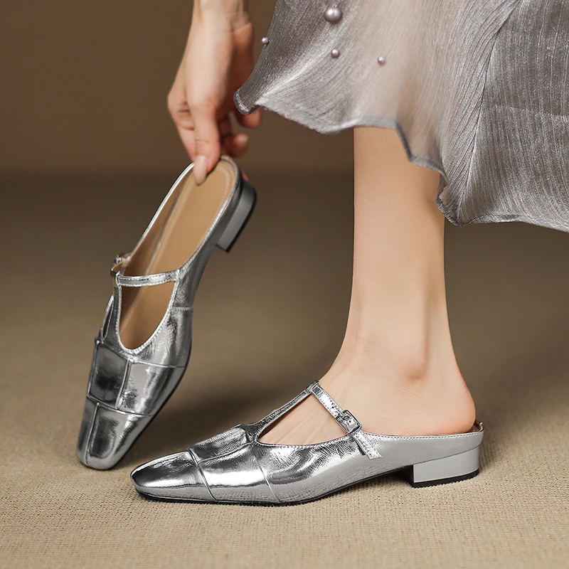 2cm/时尚真皮简约法式复古方头半拖气质优雅百搭T字带女鞋子