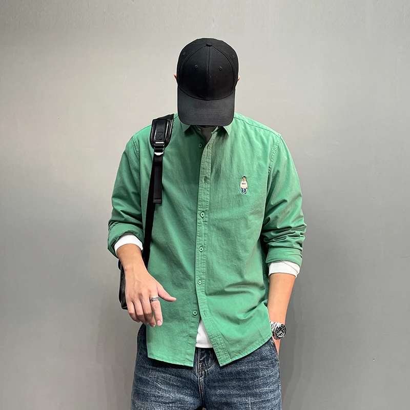 时尚休闲小熊刺绣纯棉长袖衬衫春季新款美式流行纯棉百搭男士衬衣