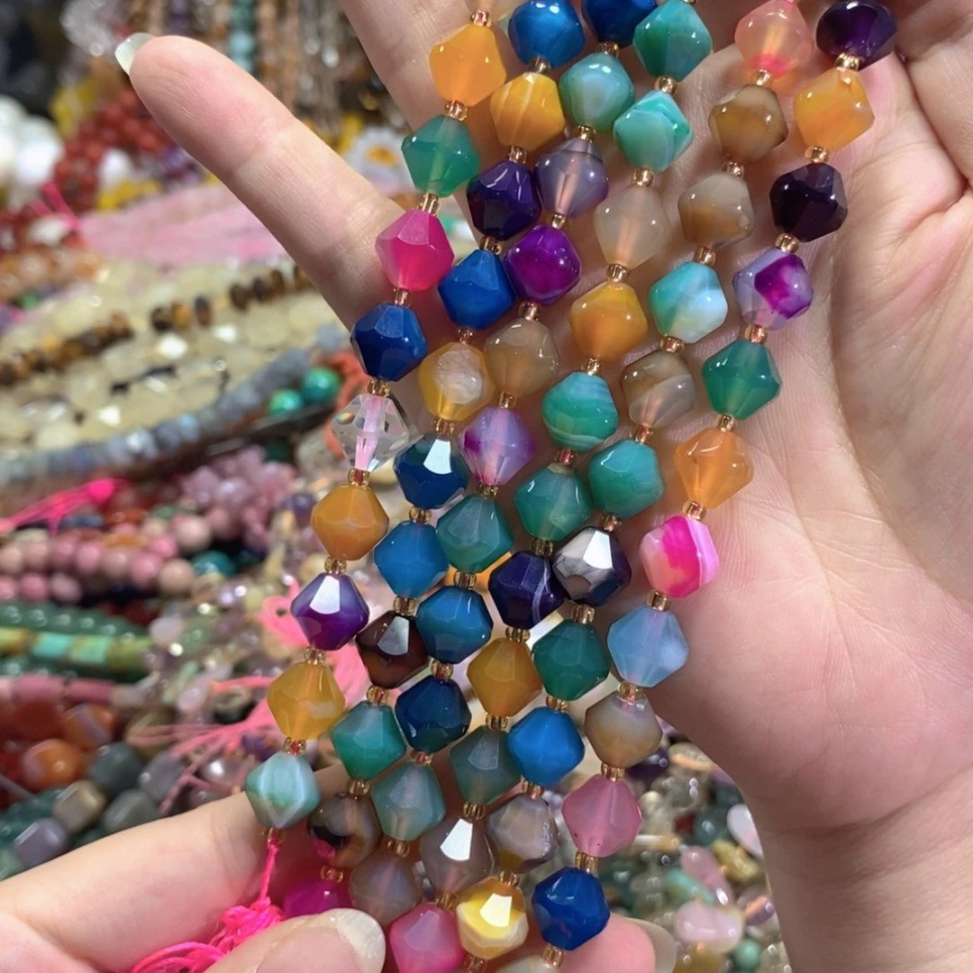 玛瑙/玉髓足银镀金镶嵌珠宝半成品多宝玛瑙铃铛一条卡10全切面