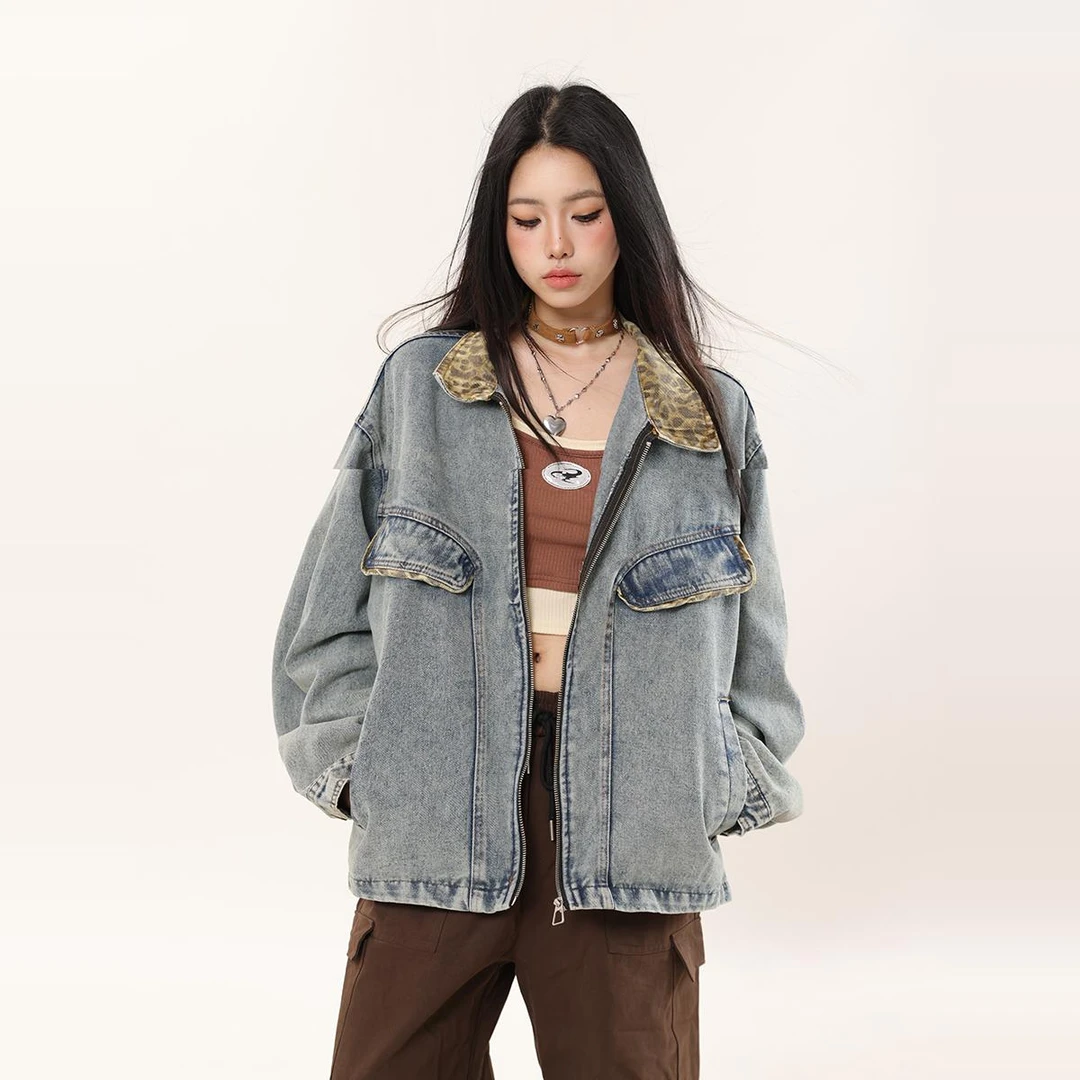 300斤特大码豹纹拼接短外套美式拼色牛仔夹克秋季百搭女装水洗