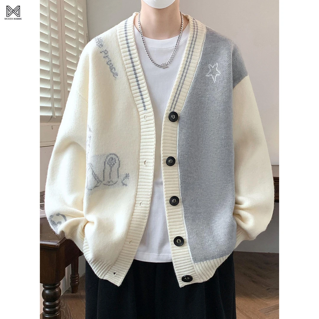 MODEK KODEK领开衫毛衣撞色针织衫夹克男秋冬季痞帅毛线衣褂子男