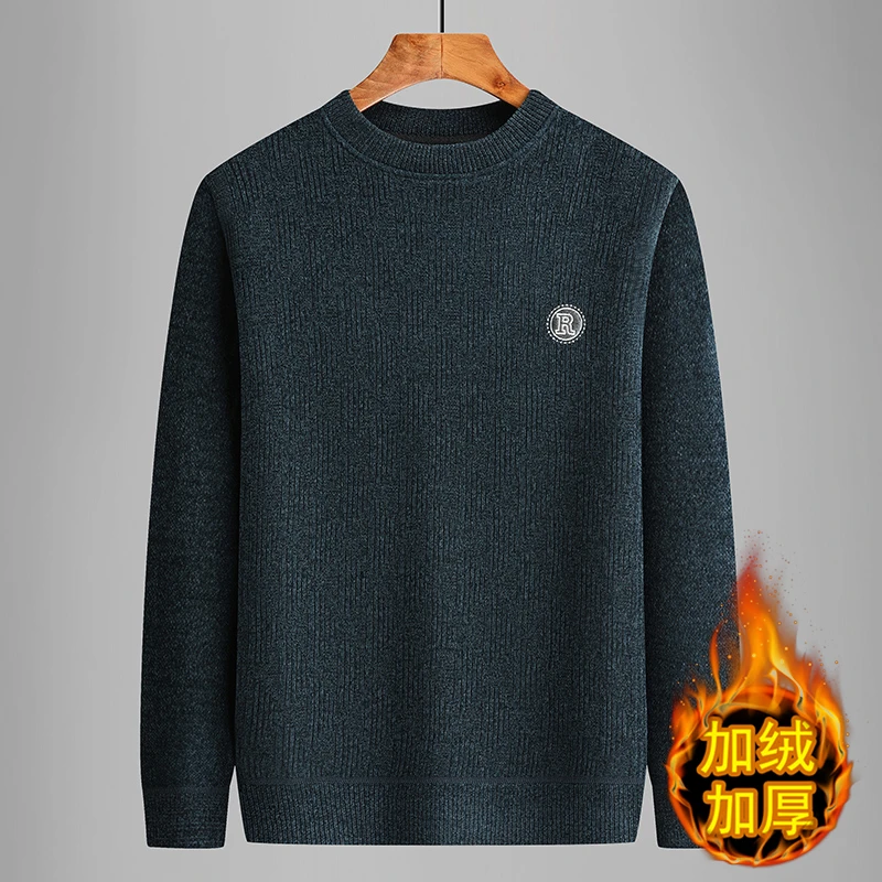 2025爸爸冬装毛衣中老年男士保暖针织衫内搭加绒加厚雪尼尔老头衫