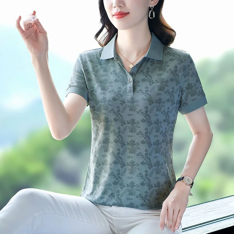 837灰蓝色短袖t恤女夏时尚洋气妈妈polo衫印花速干上衣百搭翻领薄