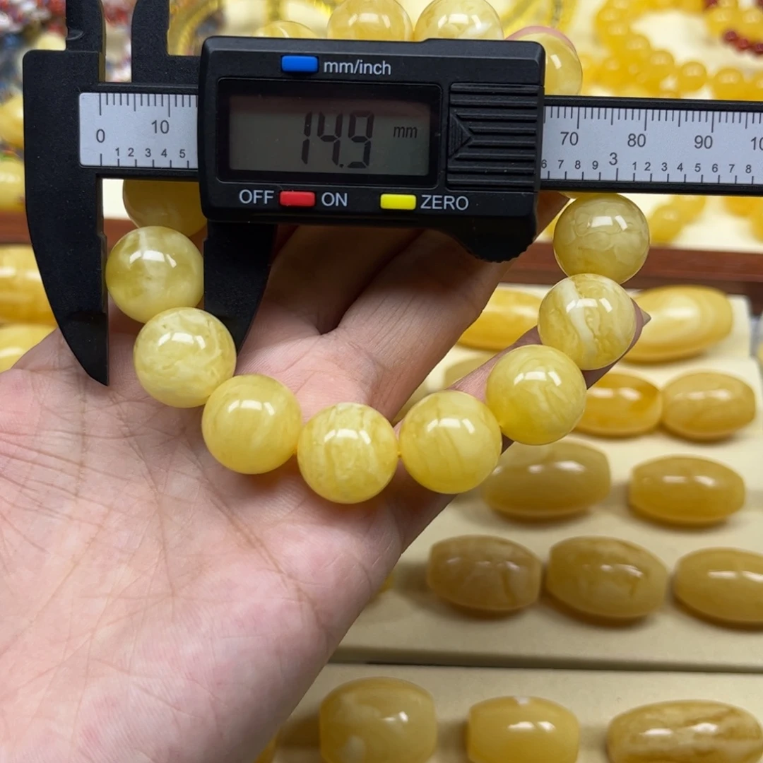琥珀未镶嵌珠宝奇石白花蜜圆珠手串14mm+