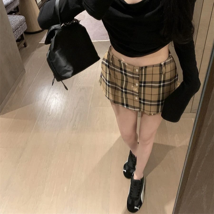 咖色复古格纹半身裙女春夏新款腰单排扣拼色高腰格子裤裙短裙子