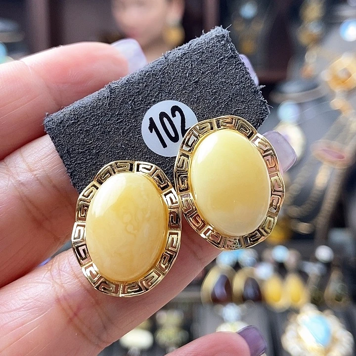 琥珀耳饰银S925镶嵌耳钉