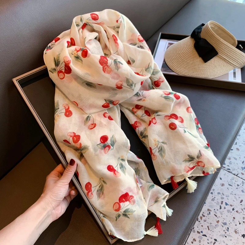 culv丝巾女夏季韩版百搭薄款纱巾遮阳樱桃红流苏海边沙漠防晒披肩