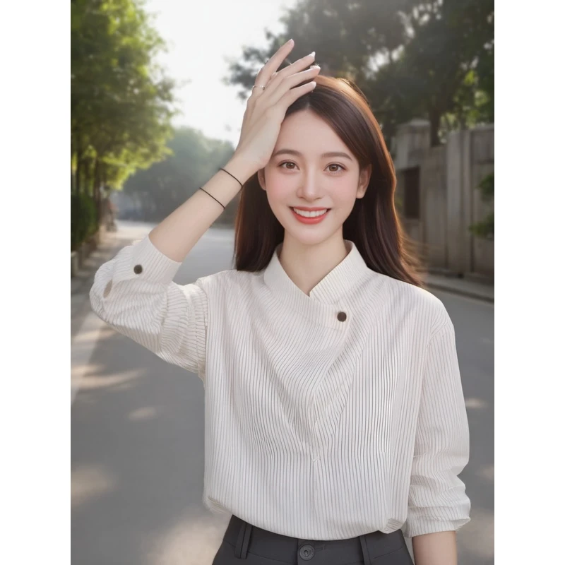 月光独白轻奢气质条纹长袖衬衫宽松显瘦上衣春秋白色百搭上衣1014