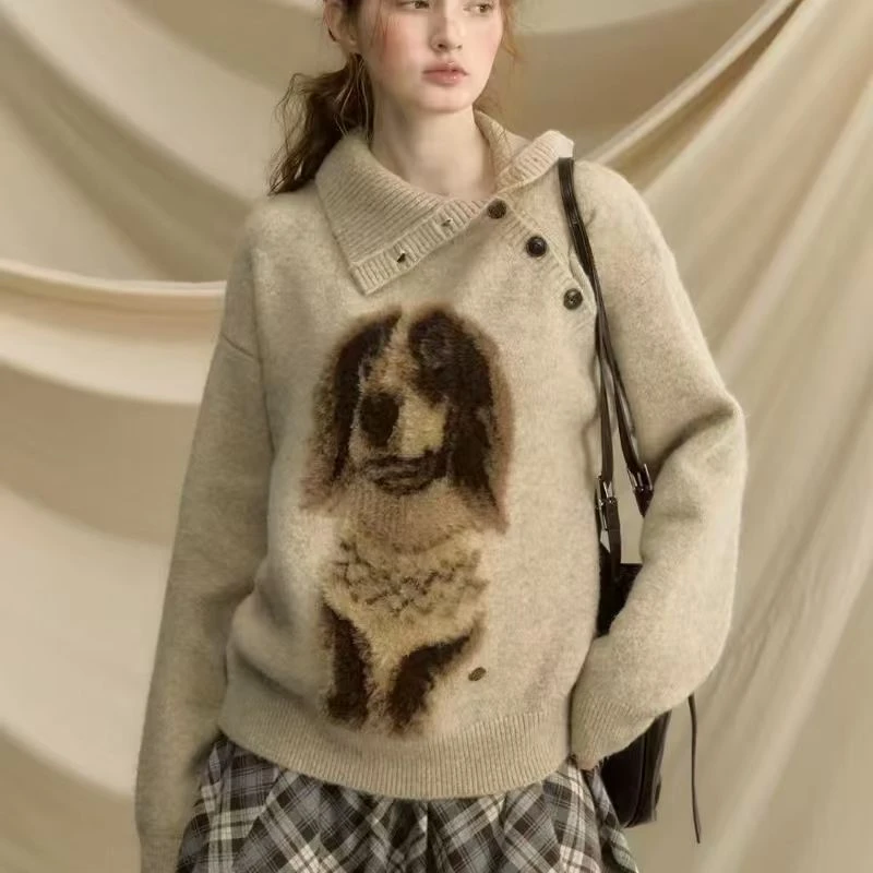 早安小腊肠复古慵懒风套头毛衣秋冬小狗复古宽松慵懒风针织衫