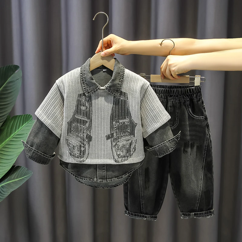 男童牛仔套装春秋装痞帅儿童洋气马甲三件套宝宝秋季时髦炸街童装