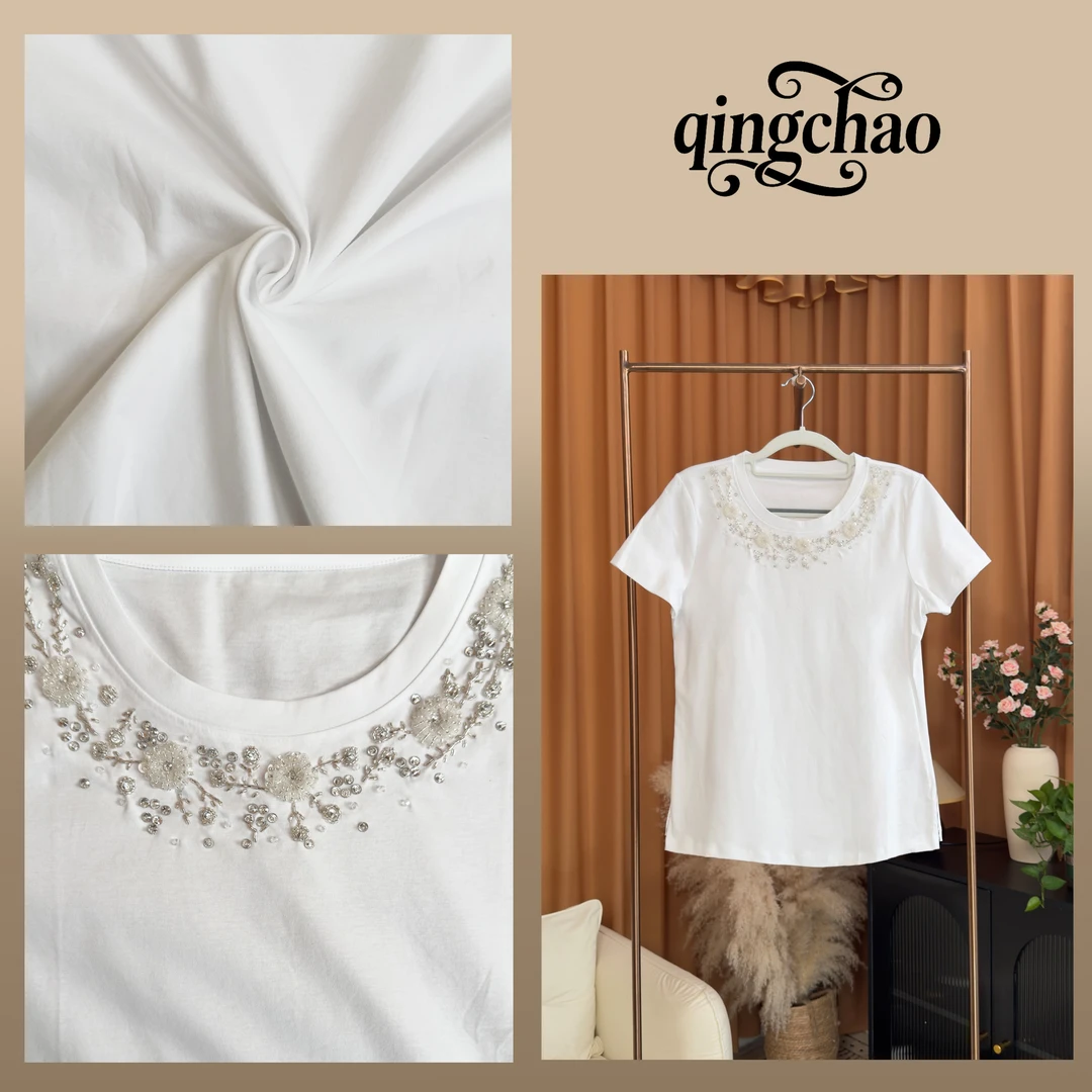 2025夏季新款简约休闲圆领钉珠水钻百搭短袖T恤01