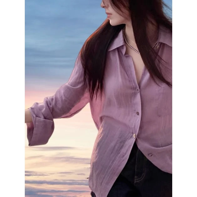 秋上新！天丝莱赛尔轻薄微透衬衫女秋季松弛感宽松简约紫色衬衣