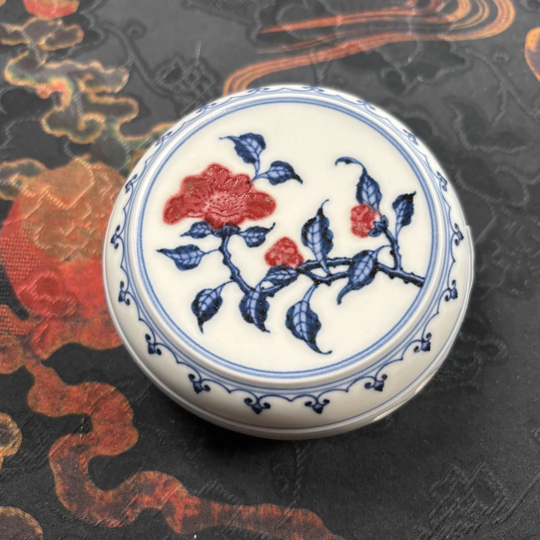 西畴书院 景德镇陶瓷 全手工手绘 原矿青花釉里红山茶花盖置