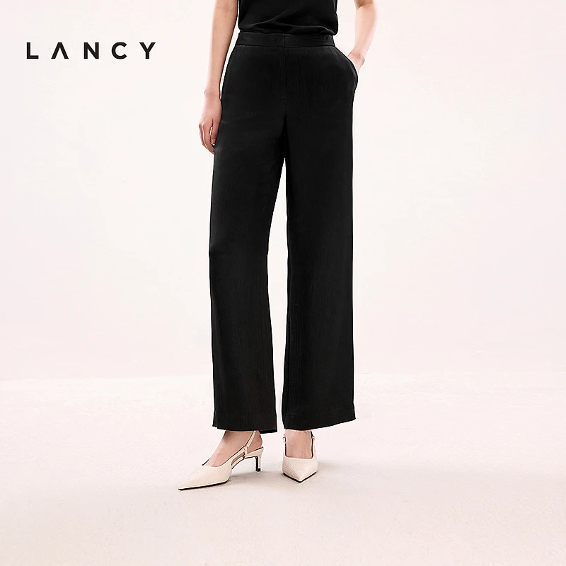 LANCY/朗姿2025年夏新款简约气质高腰直筒阔腿裤黑色廓形西装裤女